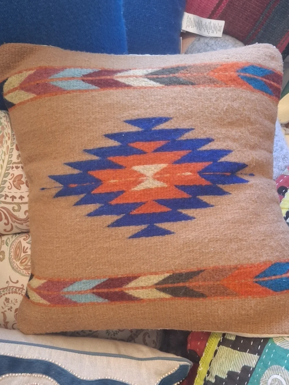 Hand-loomed Southwestern Accent Pillow in Tan with Blue & Orange Motif- Oaxacan